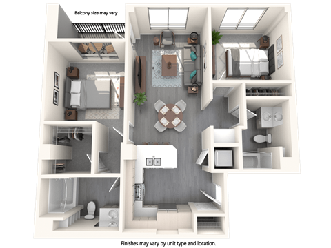 Floor plan for 2 beds, 2 baths
